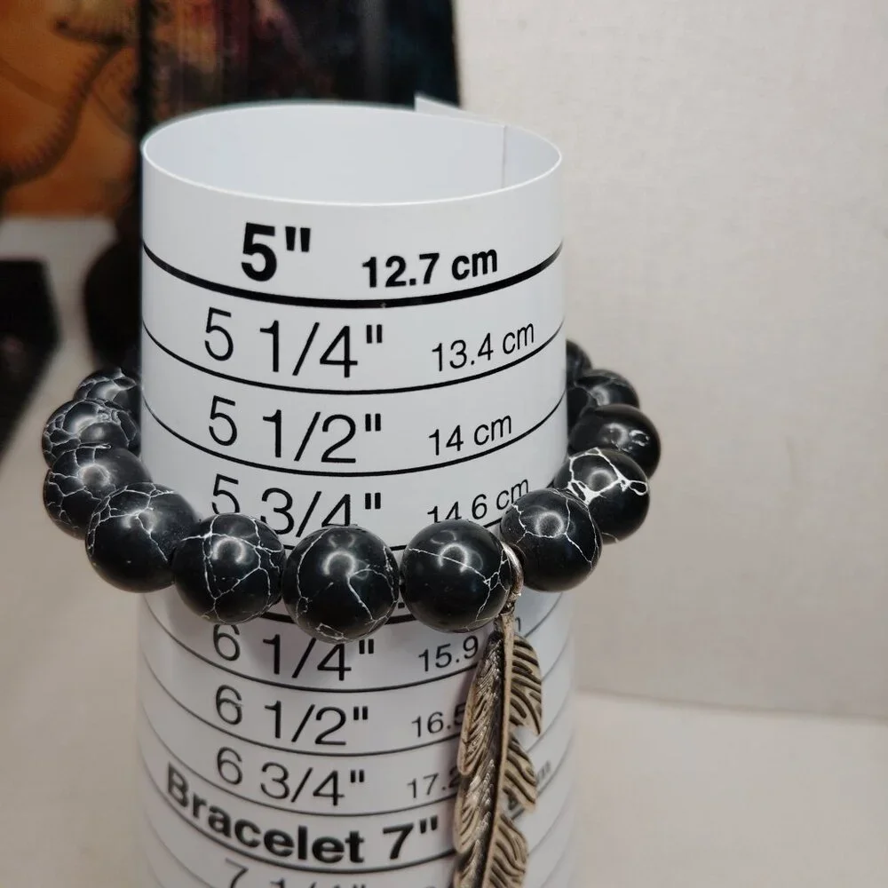 Black Crackle Agate Stretch Bracelet Silver Tone Feather Charm